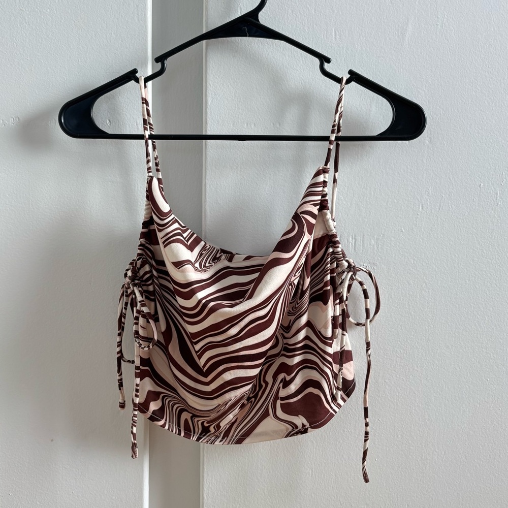 Bershka Brown and Cream Retro Swirl Crop Top